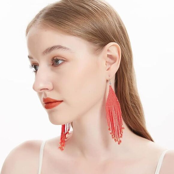 Red Bohemian Seed Bead Tassel Dangling Statement French Wire Hook Earrings - Picture 6 of 8